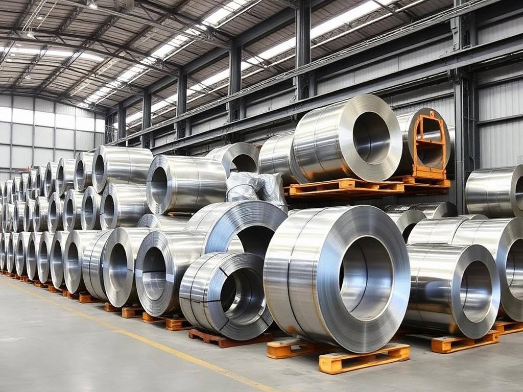 Stack of silver galvanized GI steel coils in a UAE warehouse