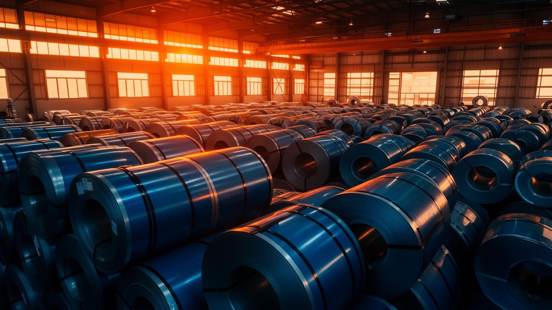 Industrial steel coils stored in a Saffron Steel warehouse at sunset