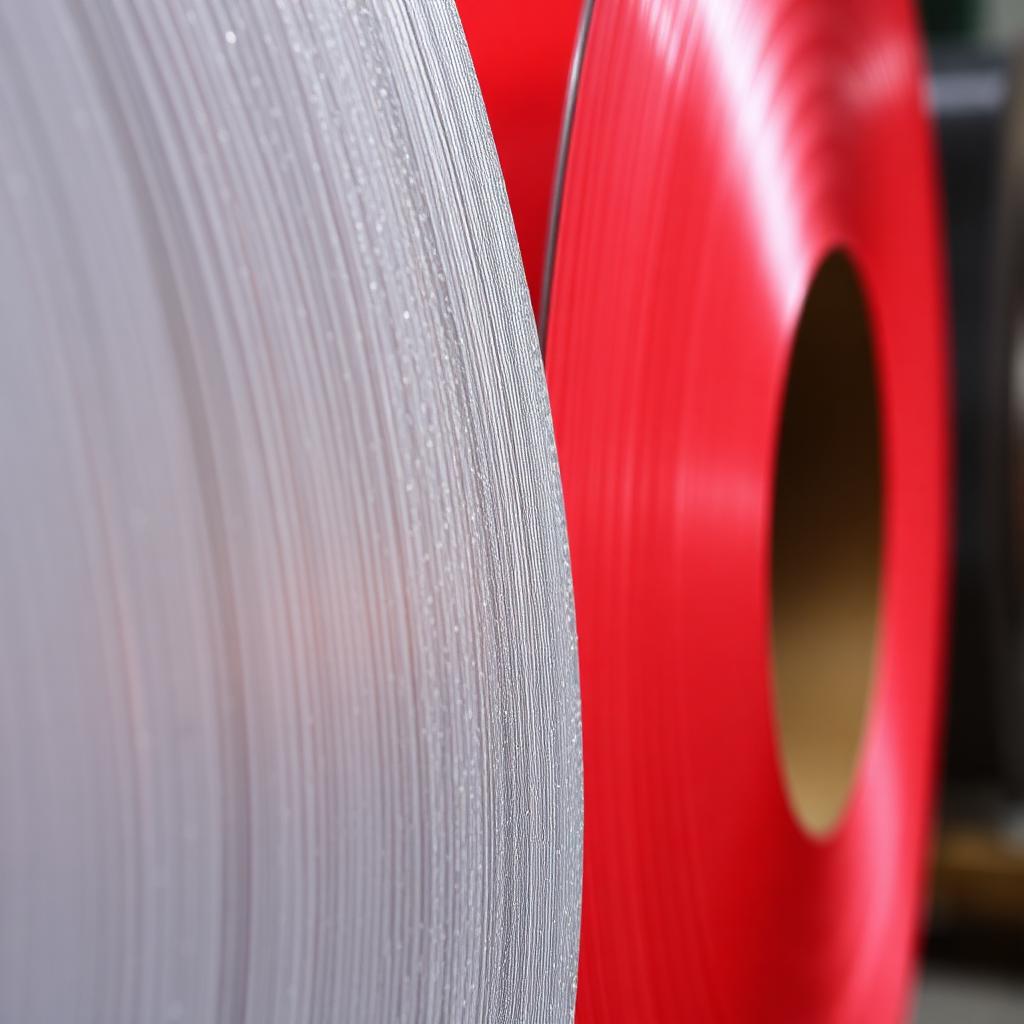 Close-up comparison of galvanized GI coil and red painted PPGI coil