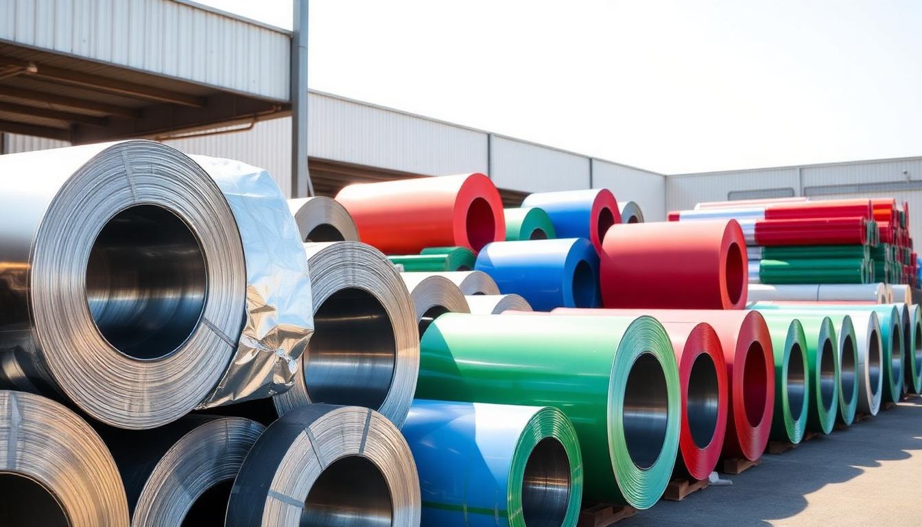 GI and PPGI steel coils stocked together at Saffron Steel Jebel Ali yard