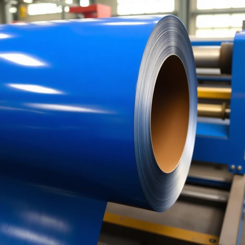 Blue PPGI color coated steel coil on a continuous coil coating line