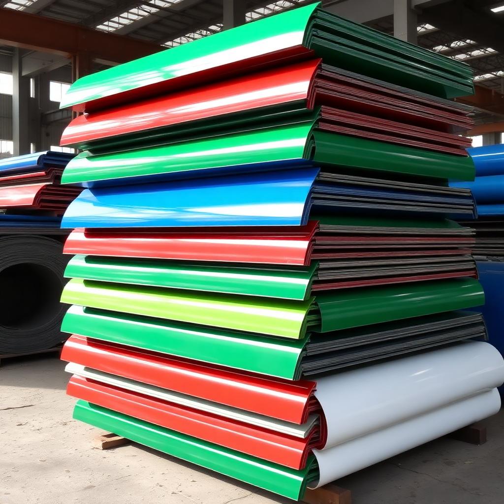 Stack of PPGI color coated steel coils in various RAL colours at a UAE warehouse